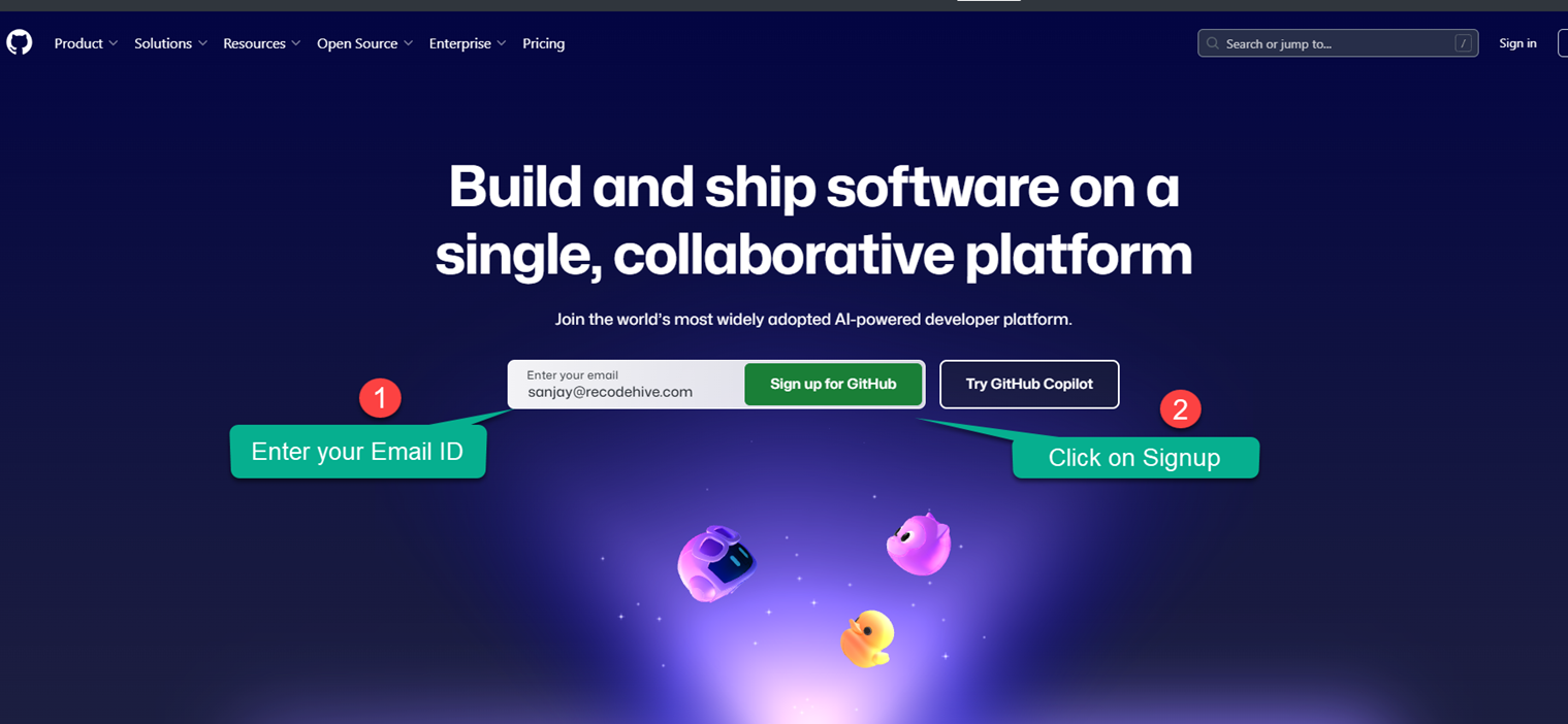 GitHub sign up page with the email field for creating an account