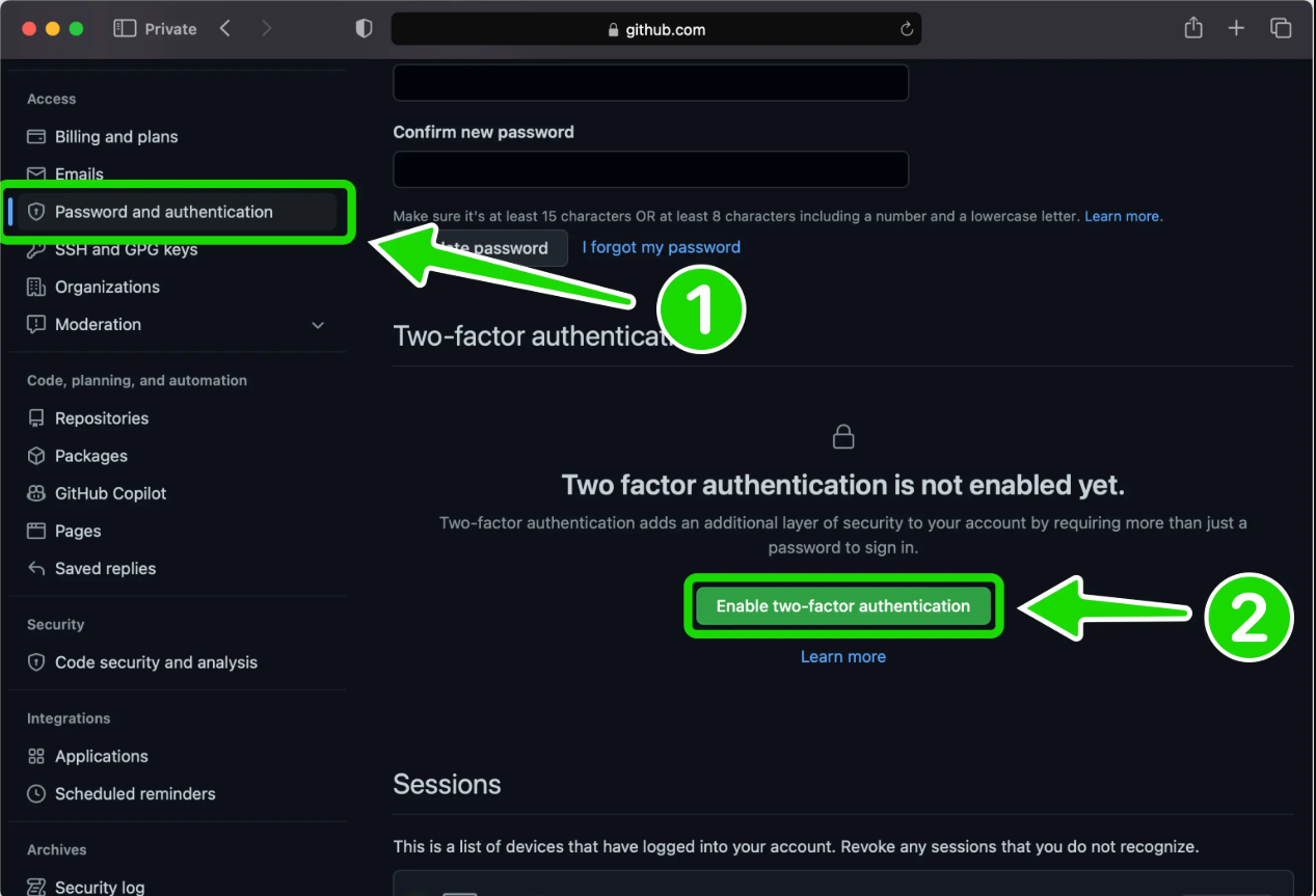 GitHub Password and authentication settings with the Two-factor authentication section