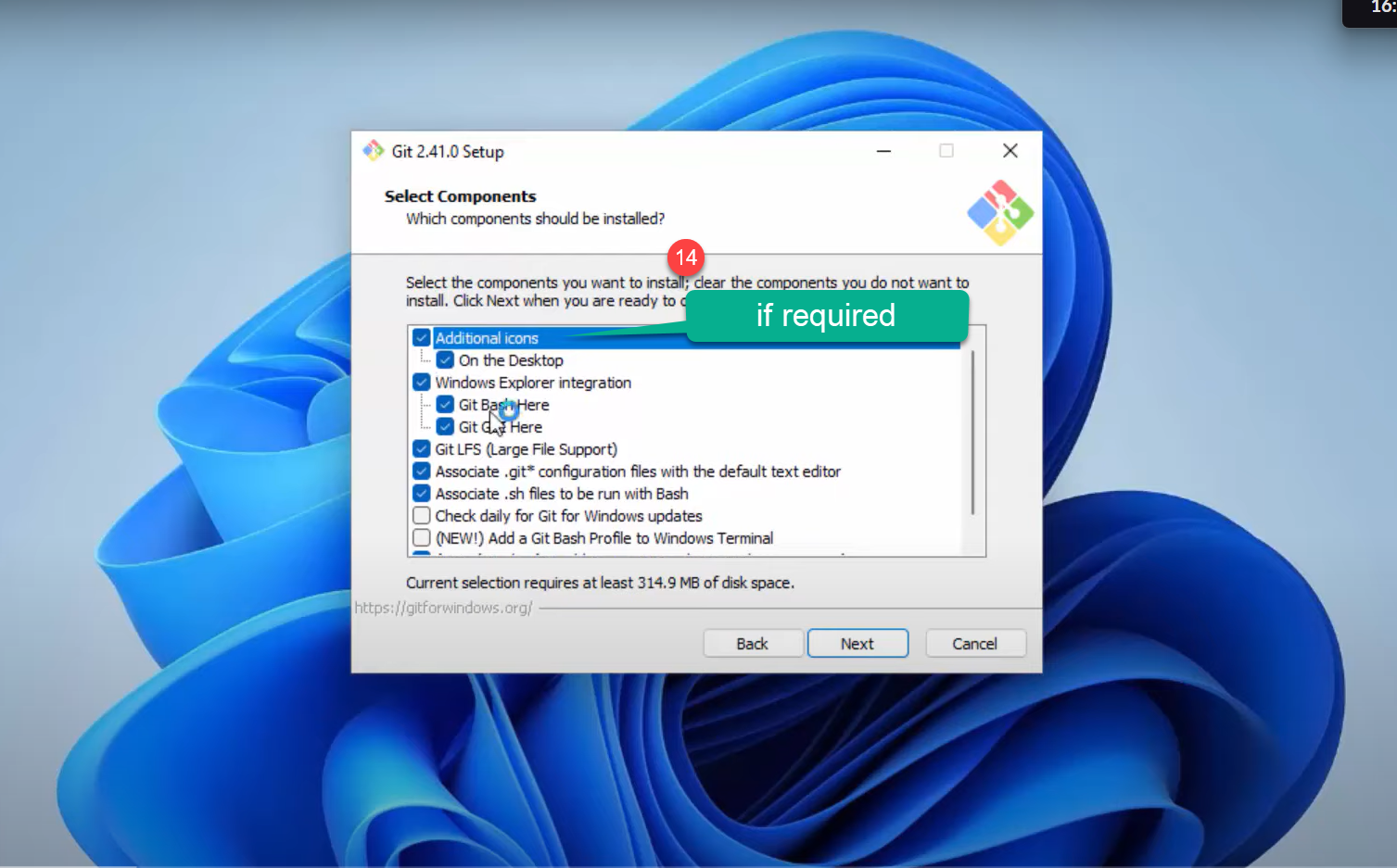 Git setup Select Components screen with Additional icons checked